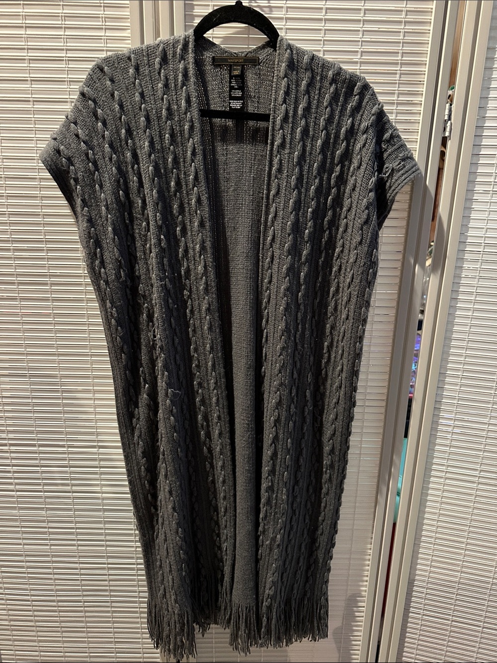 Cable Knit Open Front Fringe Cardigan - Gray